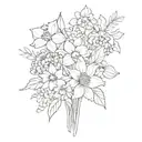 A bouquet featuring narcissus, Chrysanthemum, poppy, daffodil, violet, and forget me not flowers  tattoo design idea