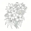 A bouquet featuring narcissus, Chrysanthemum, poppy, daffodil, violet, and forget me not flowers  tattoo design idea