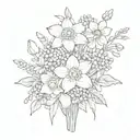 A bouquet featuring narcissus, Chrysanthemum, poppy, daffodil, violet, and forget me not flowers  tattoo design idea