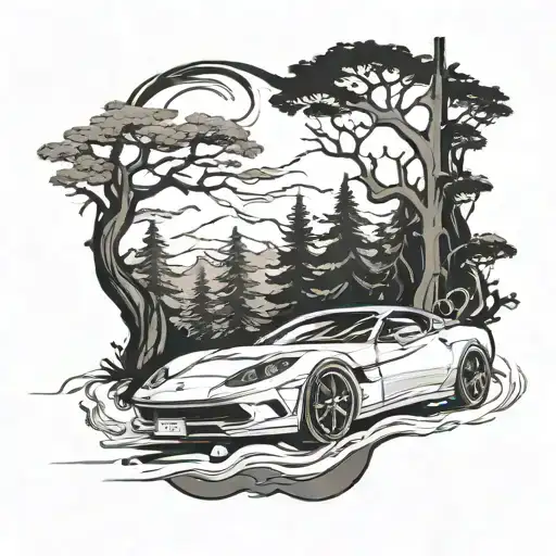 A tattoo design featuring a sleek sports car racing through a haunted forest tattoo design idea