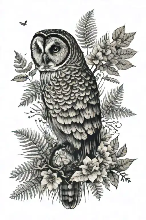 Here is a nature-themed tattoo sleeve design featuring a majestic barred owl, a delicate lunar moth, lush fern motifs, a tattoo design idea