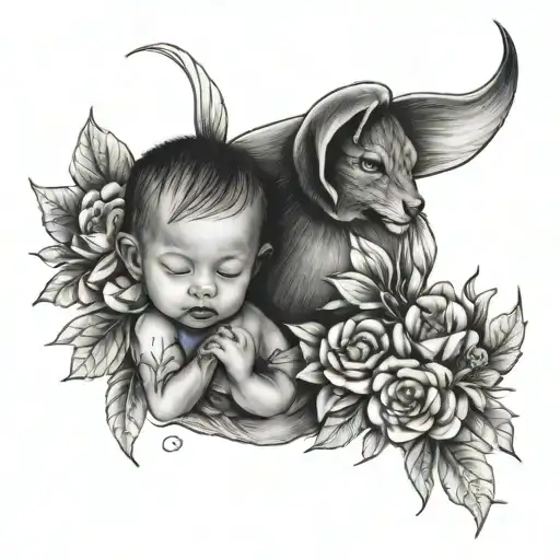 Mon and baby with flowers tattoo design idea