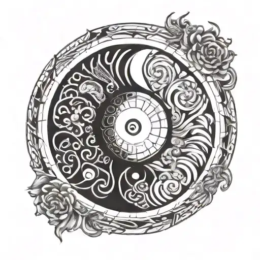 yin yang symbol with script around it saying esoteric life numbing ritual  tattoo design idea
