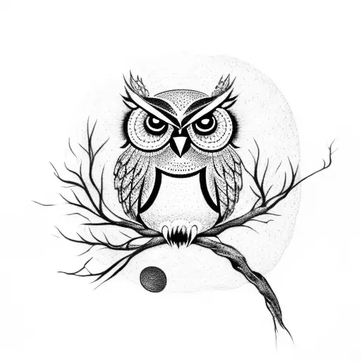A dotwork tattoo of an owl perched on a branch with a brain-shaped moon in the background. tattoo design idea
