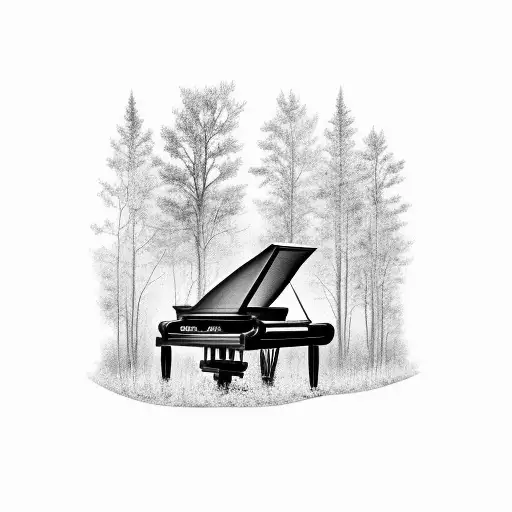 A black-grey tattoo of a grand piano merging with a serene forest landscape. tattoo design idea