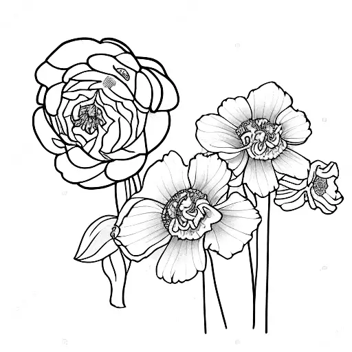 narcissuss, carnation, and marigold bouquet tattoo design idea