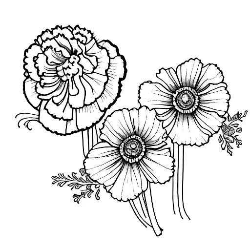 narcissuss, carnation, and marigold bouquet tattoo design idea