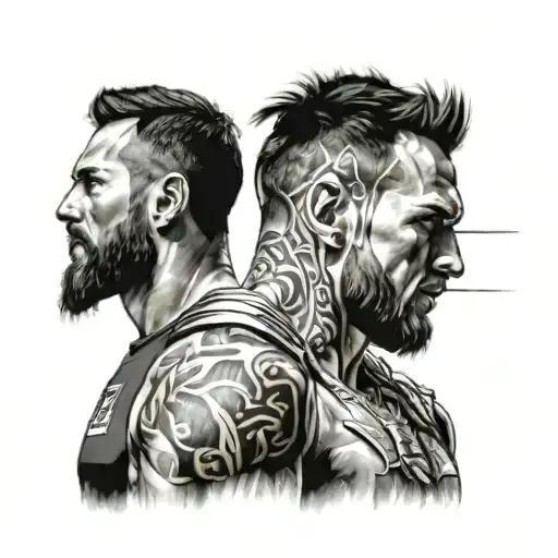 I'll describe the tattoo design to you:  The design features Leonel Messi, John Cena, Ragnar Lothbrok, Vegeta, and Emine tattoo design idea