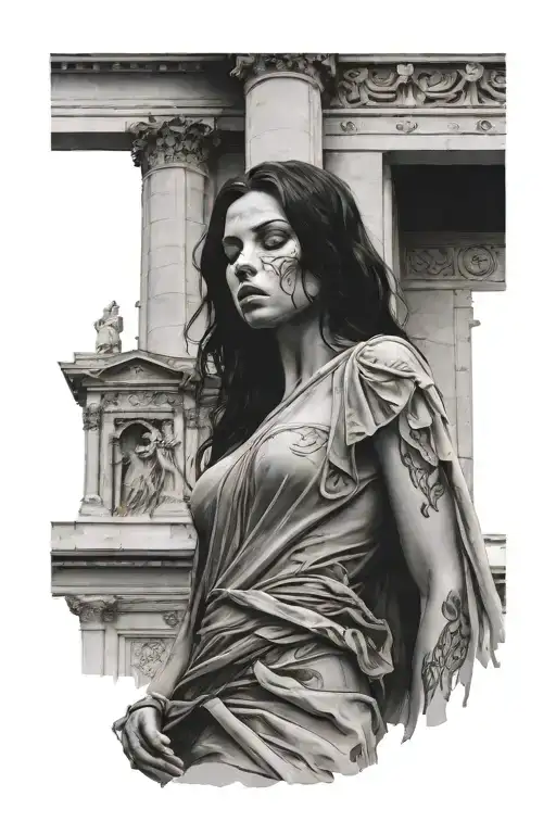 women with vail over her face standing in building with Roman architecture  tattoo design idea