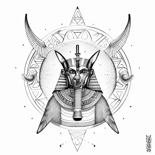 anubis wearing egyptian armor made of magical seals runes sacred geometry  tattoo design idea