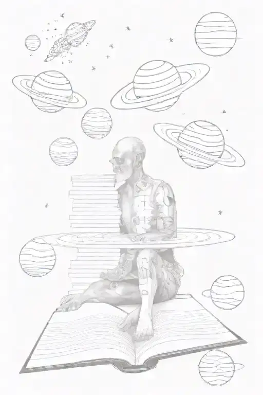 A old soul  in space, with planets and stars , representing the infinite knowledge of the universe and reading tattoo design idea