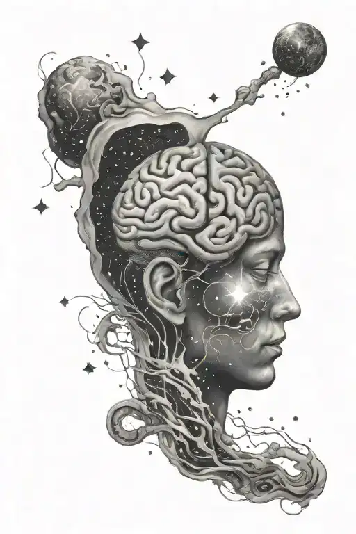 A black-grey tattoo of a brain with galaxies and stars inside, symbolizing the infinite possibilities of consciousness tattoo design idea