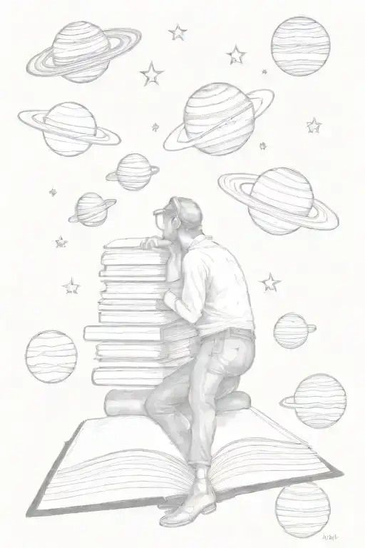 A old soul  in space, with planets and stars , representing the infinite knowledge of the universe and reading tattoo design idea