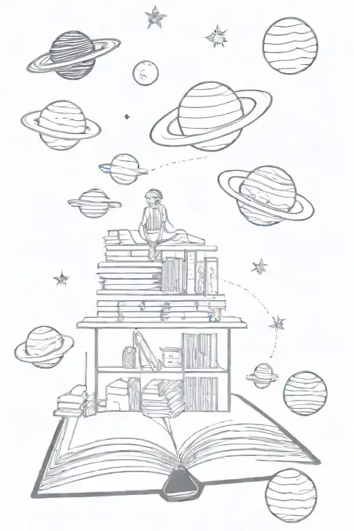 A celestial library floating in space, with planets and stars as books, representing the infinite knowledge of the universe and reading tattoo design idea