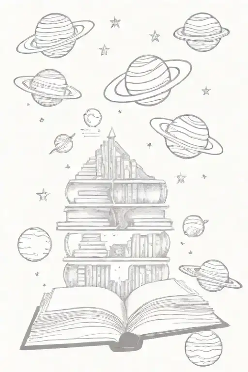 A old soul  in space, with planets and stars as books, representing the infinite knowledge of the universe and reading tattoo design idea