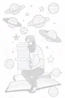 A old soul  in space, with planets and stars , representing the infinite knowledge of the universe and reading tattoo design idea