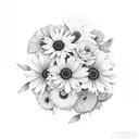 Flowers with Names Awbrey, Jaylen, and Lucas on shoulder down to elbow tattoo design idea