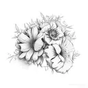 Flowers with Names Awbrey, Jaylen, and Lucas on shoulder down to elbow tattoo design idea