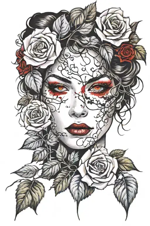 red eyes woman's face with red roses and black brambles around it tattoo design idea