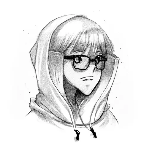 Anime girl with red hair and glasses. In a black hoodie and white shorts. A hood in the form of an ushak is worn on the  tattoo design idea