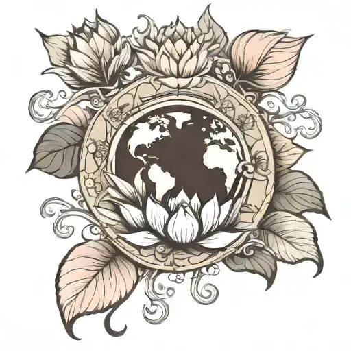 earth with lotus flower and lotus leaf morphing tattoo design idea