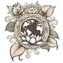 earth with lotus flower and lotus leaf morphing tattoo design idea
