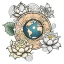 earth with lotus flower and lotus leaf morphing tattoo design idea