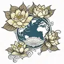 earth with lotus flower and lotus leaf morphing tattoo design idea