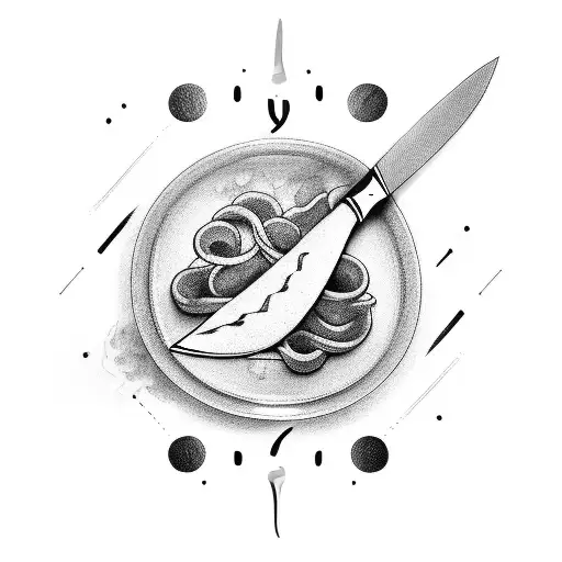 A chef's knife and fork intertwined with a surfboard tattoo design idea