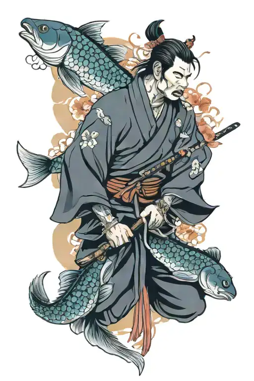 samurai with pez koi with tattoo design idea