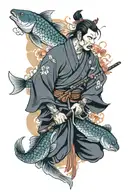 samurai with pez koi with tattoo design idea