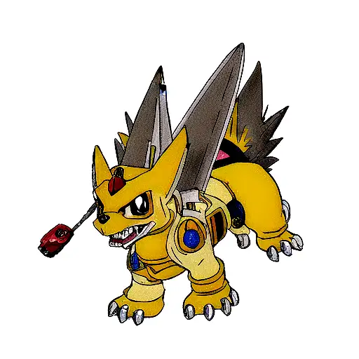 agumon dogivolving into war greymon with the digivice and the crest of courage  tattoo design idea