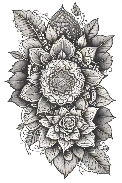 An intricate mandala design incorporating gardening motifs like flowers and leaves, representing balance and harmony in life tattoo design idea