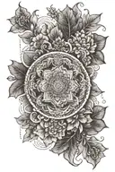 An intricate mandala design incorporating gardening motifs like flowers and leaves, representing balance and harmony in life tattoo design idea