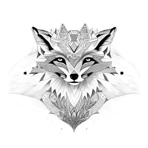 A fox adorned with intricate patterns and symbols from ancient myths, representing the client's love for foxes and ancient history. tattoo design idea