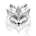 A fox adorned with intricate patterns and symbols from ancient myths, representing the client's love for foxes and ancient history. tattoo design idea