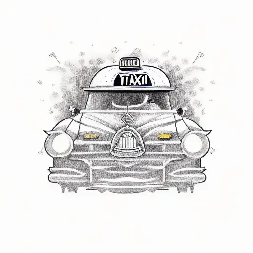 A sketch-style tattoo of a vintage taxi cab parked in front of a cozy sofa, capturing the client's interests and passions in a whimsical and artistic way. tattoo design idea