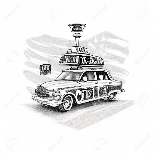 A sketch-style tattoo of a vintage taxi cab parked in front of a cozy sofa, capturing the client's interests and passions in a whimsical and artistic way. tattoo design idea