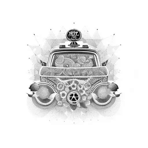 A majestic blackwork tattoo of a vintage taxi cab surrounded by swirling patterns and adorned with delicate flowers. tattoo design idea