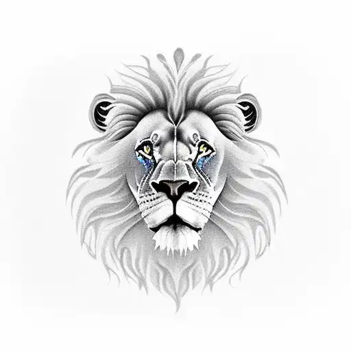 A lion head floating in the sky, his hair made by fluffy clouds. Around him, the lunar phases. tattoo design idea