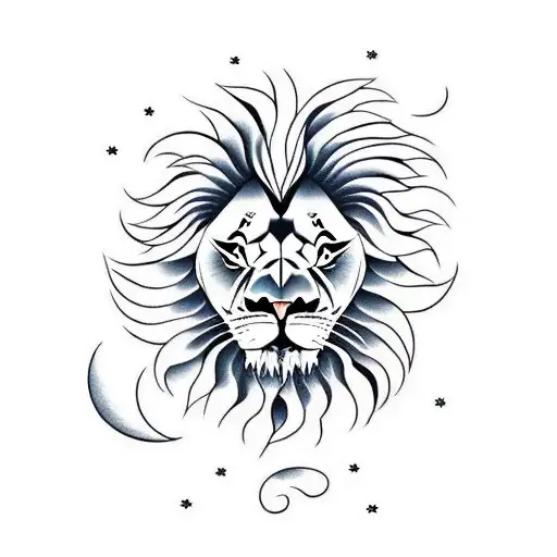 A lion head floating in the sky, his hair made by fluffy clouds. Around him, the lunar phases. tattoo design idea