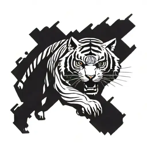 A fast-running, fierce-looking robotic tiger in black and white. tattoo design idea