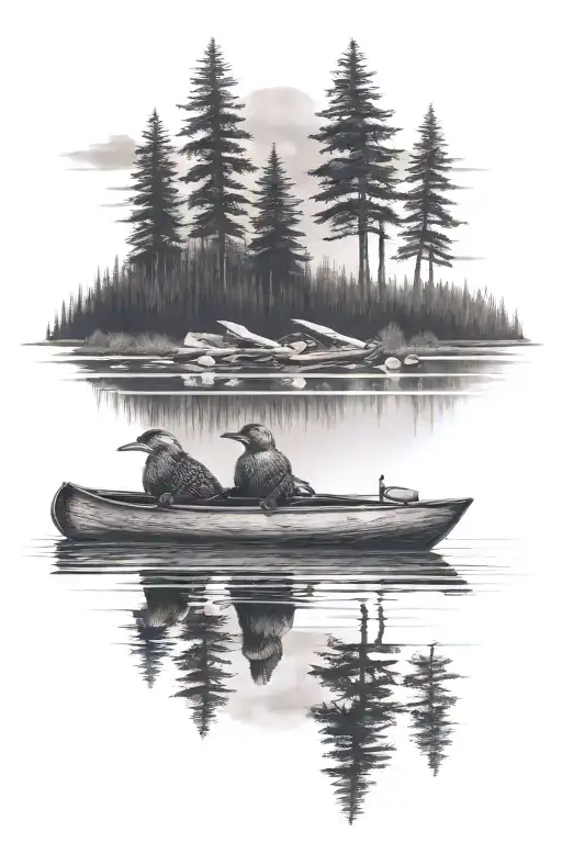 boundary waters Minnesota loons on a lake with a canoe and nature background with sky tattoo design idea
