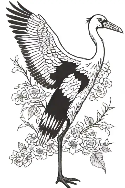 An realistic stork in black and white design, standing right up tattoo design idea