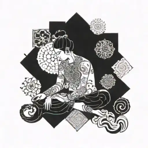 A serene meditating figure surrounded by intricate patterns inspired by Persian art tattoo design idea