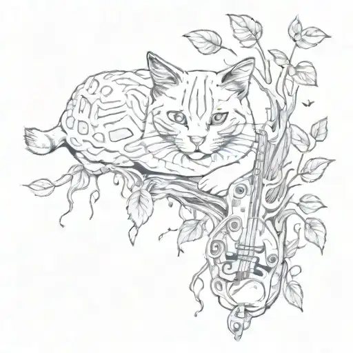 small cat surrounded by tree and roots and flowers with a turtle and music notes tattoo design idea