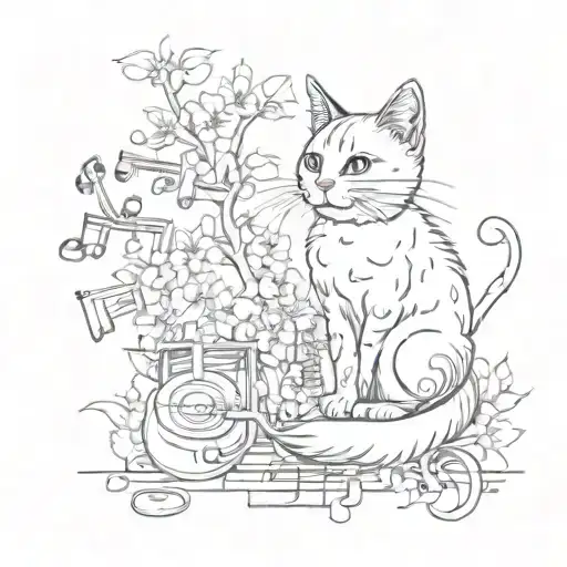 small cat surrounded by cherry blossom tree and music notes tattoo design idea