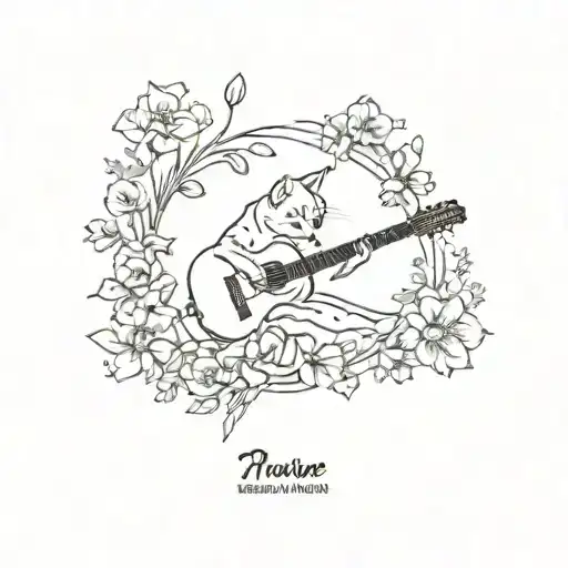 small flowers blooming around a cat playing a guitar tattoo design idea