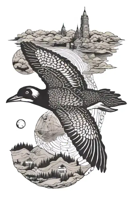 Loon flying over a map view of the huron river flowing tattoo design idea