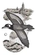 Loon flying over a map view of the huron river flowing tattoo design idea
